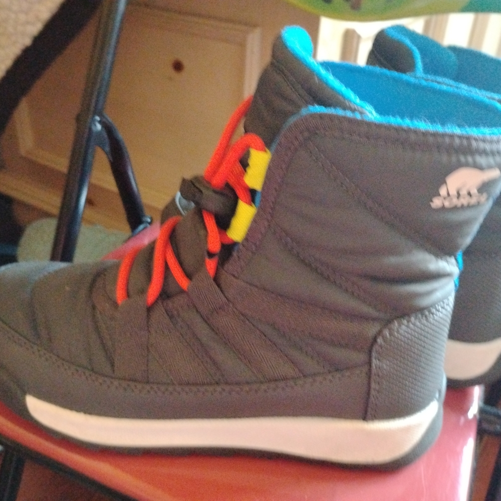 Sorel Kids Gray Boots with Red and Yellow Accents